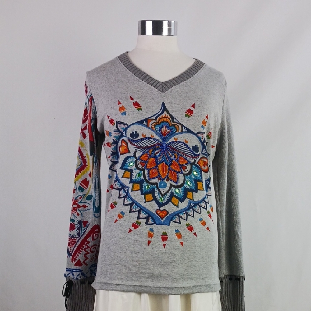 Desigual Gray Beaded Print V-Neck Sweater.